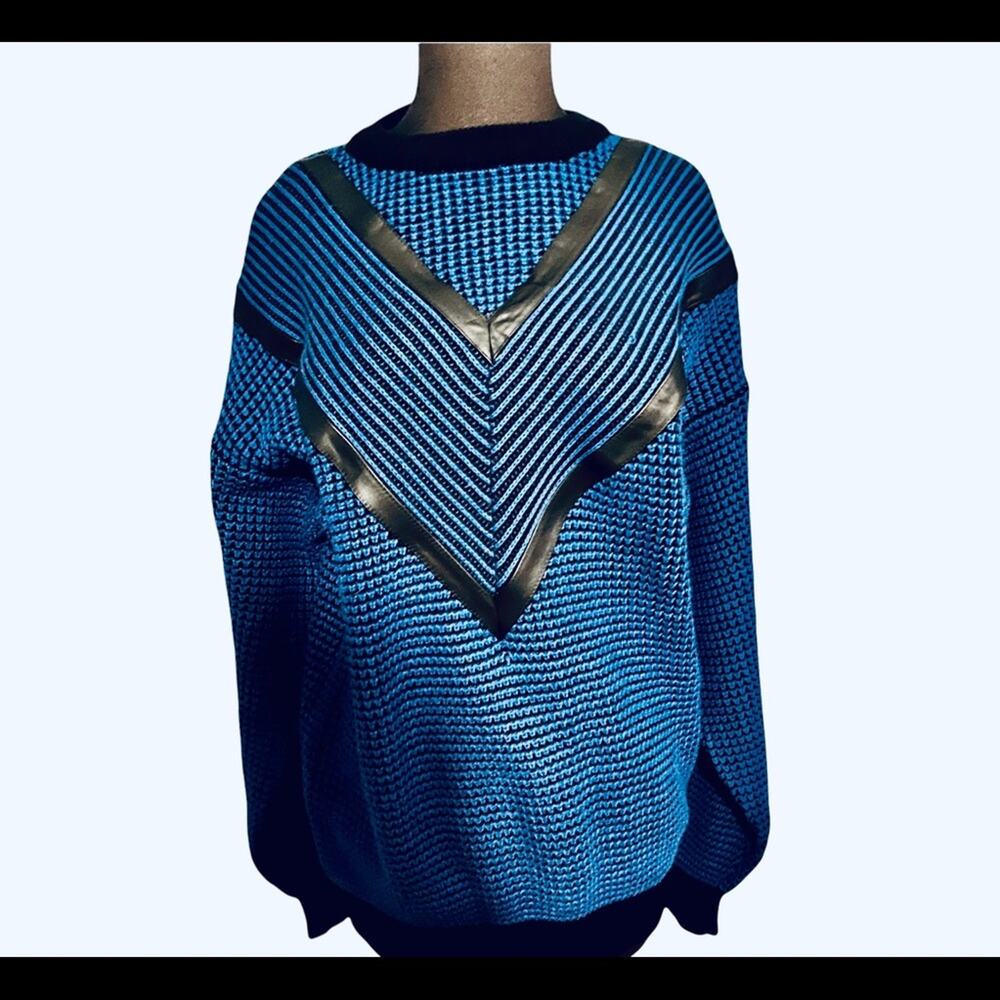 Vtg Chunky Knit Leather Trim Oversized Chevron Grandpa Sweater Womens L Grunge